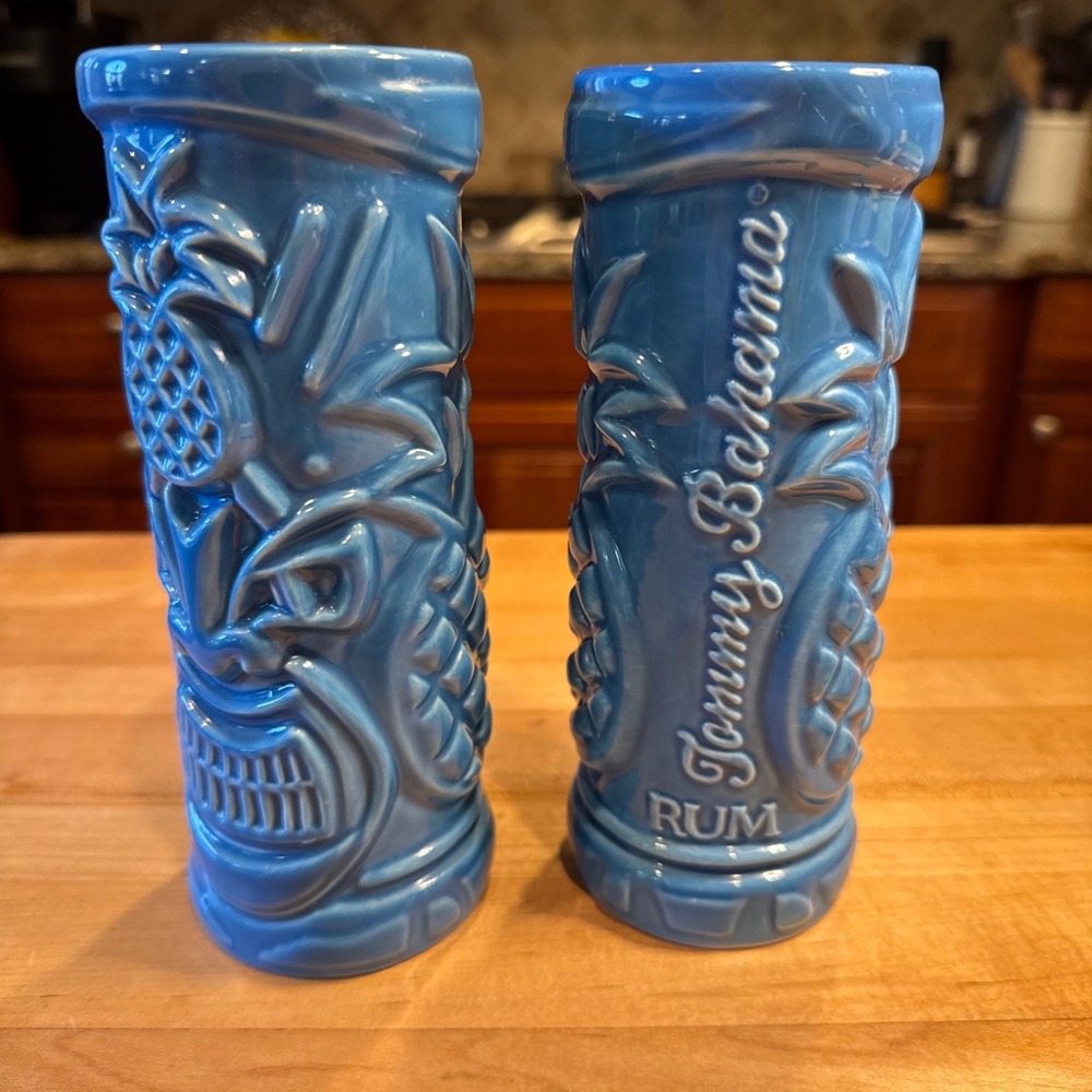 Tommy Bahama Rum Blue Ceramic Tiki Mug Set of 2 Pineapple Face Tropical Barware
